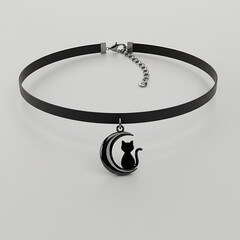 Black choker necklace with cat and moon pendant on white background  