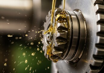 Close up of oil dripping on a metal gear with a blurred background