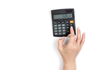 Hand with calculator showing SALE on display, isolated on transparent background with soft shadow, ideal for marketing design, discount banner or online shopping concept.