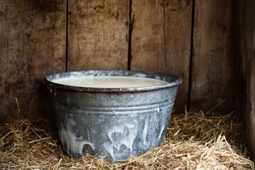 Fototapeta premium Metal bucket filled with fresh white milk on hay in a rustic barn. Farm dairy product. Concept of natural farming and organic food.