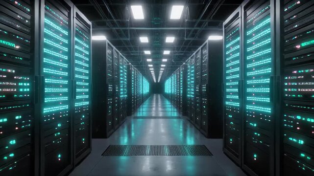 Futuristic server room with glowing blue lights and rows of data racks creating a digital network atmosphere 4k video - Powered by Adobe