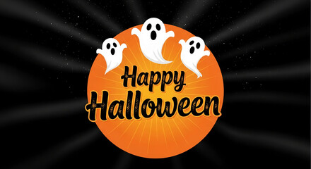 Orange circle with "Happy Halloween" text and three playful ghosts against a black starry background, creating a festive and spooky design perfect for Halloween celebrations