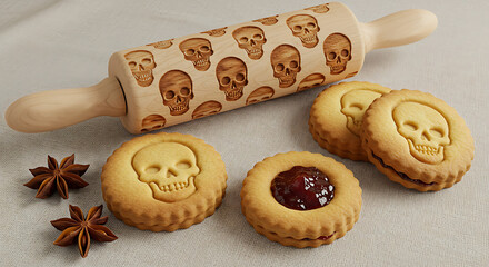 Cookie dough with skull-patterned rolling pin and filled biscuits  