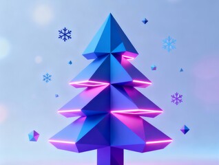 Fototapeta premium Futuristic geometric christmas tree with neon pink light and blue background, modern holiday concept. Generative AI.