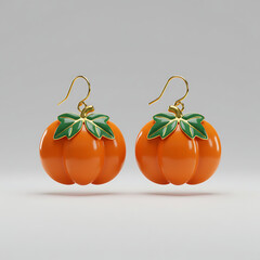 Orange pumpkin earrings with green leaves on gold hooks  