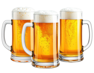 Three beer mugs filled with light amber beer