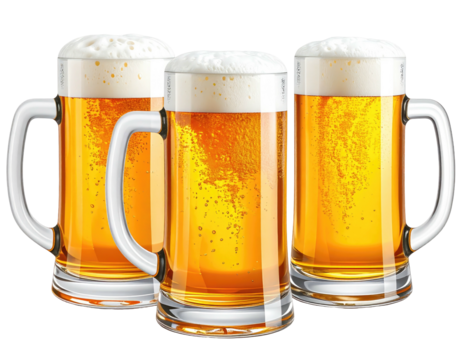 Three beer mugs filled with light amber beer