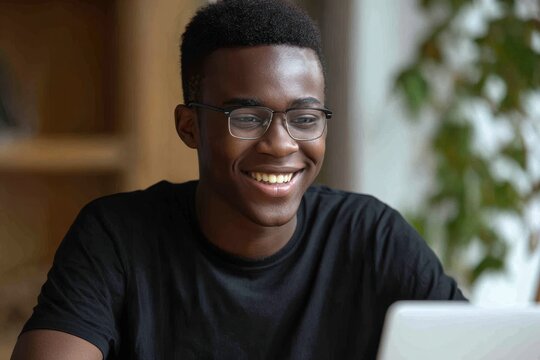 Smiling Young Man Working on Laptop at Home Office, Relaxed and Focused.