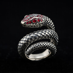 Snake-shaped ring with red gemstones on black background  