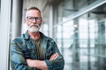 Confident Senior Man in Denim Jacket with Glasses at Modern Office Building.