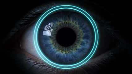 Futuristic blue eye iris scan with glowing cyan concentric circles and digital interface overlay extreme close-up macro view 4k video - Powered by Adobe