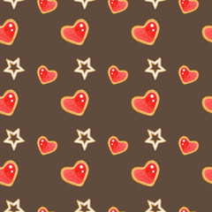 Seamless pattern of delicious watercolor gingerbread cookies stars and hearts isolated on dark background. Bakery  decoration