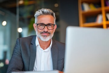 Confident Businessman with Gray Hair and Glasses Working in Modern Office.