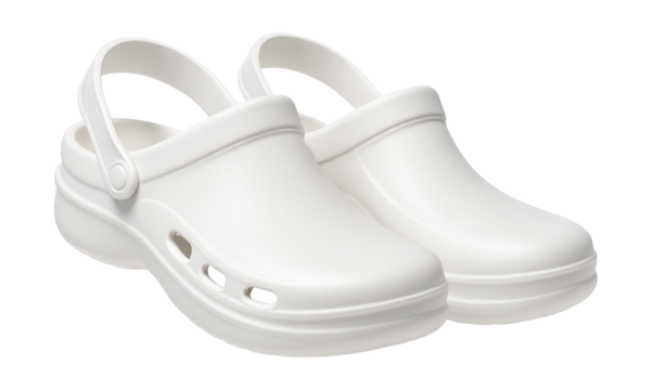 White polyurethane clogs featuring an adjustable heel strap and side vents.