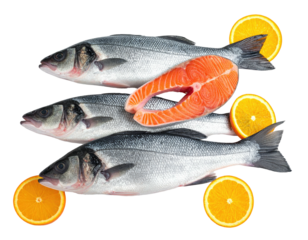 Fresh seafood selection, with fish and orange slices