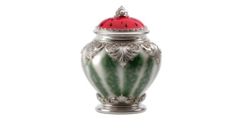 Elegant watermelon inspired jar with silver accents, perfect for summer decor and festive celebrations, a unique centerpiece