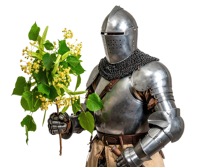 Knight in armor holding a sprig of flowers