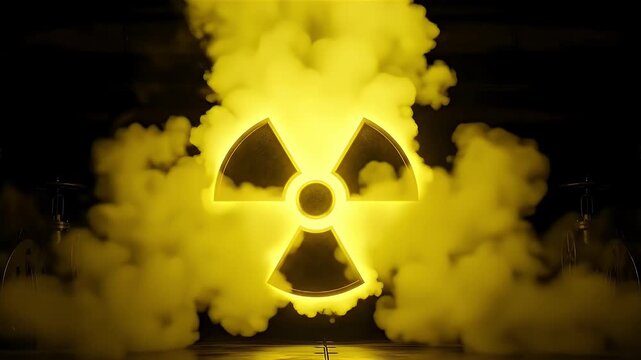 Glowing nuclear symbol emerging from yellow smoke against dark background