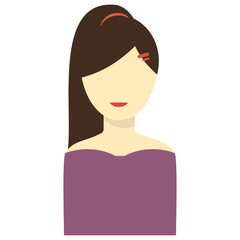 Flat illustration of a woman with brown hair in a ponytail wearing a purple off the shoulder top and a red hair accessory against a transparent background studio lighting