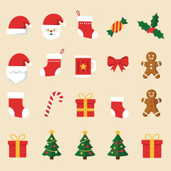 Christmas Element Set, Christmas Collection, Christmas icons, including Santa, reindeer, wreath, ornaments, and more holiday elements, perfect for seasonal designs and celebrations