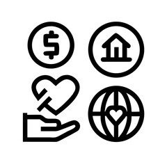 Icon set representing charity, donation, and global impact