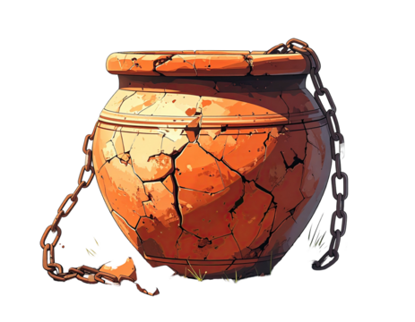 Old terracotta pot with cracks and chains