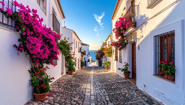 Vista panor&aacute;mica de un pueblo blanco andaluz con calles empedradas, casas encaladas y buganvillas en flor, bajo un cielo azul brillante, estilo fotogr&aacute;fico realista, luz c&aacute;lida de tarde