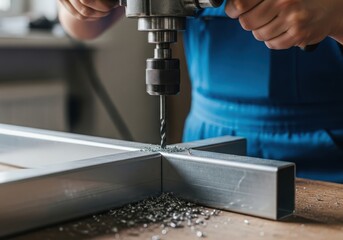 Close up of a worker drilling a metal frame with a power drill press
