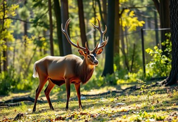 Majestic stag with antlers, grazing in sun-dappled forest clearing,  fauna,  serene