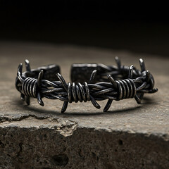 Barbed wire bracelet on stone surface against dark background  