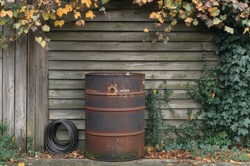 Rusty metal barrel with garden hose against a weather-beaten wooden shed with autumn leaves on a fence. Rural countryside scene for vintage design.