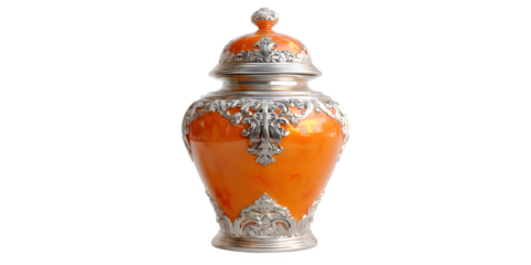 Elegant antique urn with ornate silver filigree and vibrant orange glaze, a timeless statement piece for luxurious interiors