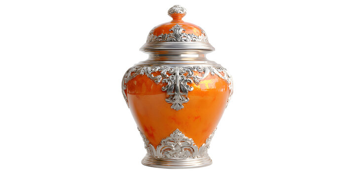 Elegant antique urn with ornate silver filigree and vibrant orange glaze, a timeless statement piece for luxurious interiors - Powered by Adobe