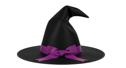 Enchanting black witch hat with a purple bow, perfect for spooky Halloween designs and magical themed projects, adding a touch of whimsical charm