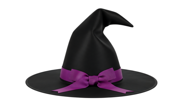Enchanting black witch hat with a purple bow, perfect for spooky Halloween designs and magical themed projects, adding a touch of whimsical charm