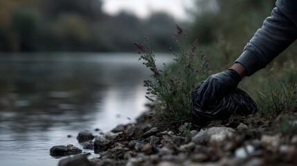 Hand wearing glove picks up trash from riverbank during environmental cleanup