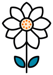 Stylized White Daisy with Orange Center and Teal Leaves Simple Illustration