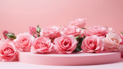 Pink roses on pedestal, soft pink background, romantic scene, ideal for greeting cards