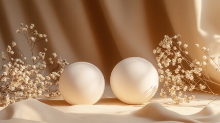 Beige spheres, dried flowers, fabric backdrop, sunlight; product display
