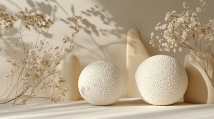 Minimalist beige spheres, dried flowers, sunlight, calm background; product display