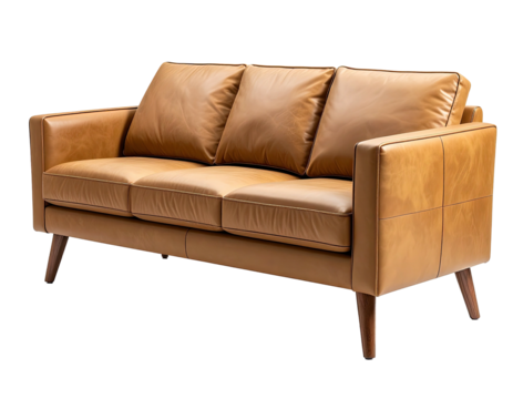 Tan leather sofa with wooden legs