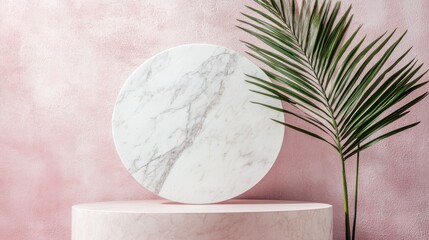 Pink background, marble display, palm leaf, product presentation, studio shot