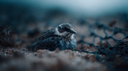A small vulnerable bird sits on the ground near dark netting captured in moody dim lighting