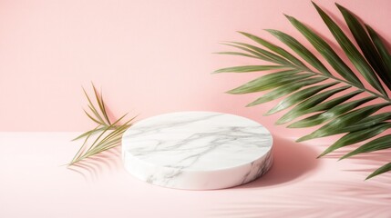 Marble podium, palm leaves, pink background, product display