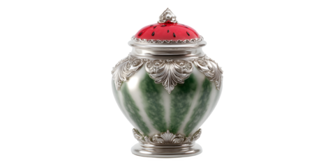 Elegant silver and green watermelon-themed decorative urn with ornate detailing and a vibrant red lid