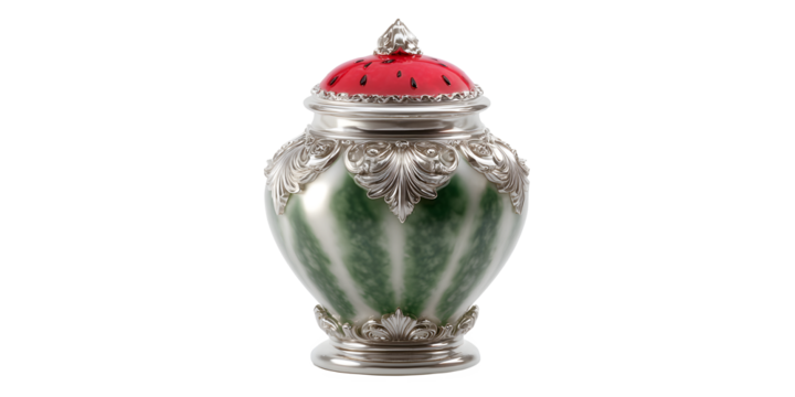 Elegant silver and green watermelon-themed decorative urn with ornate detailing and a vibrant red lid