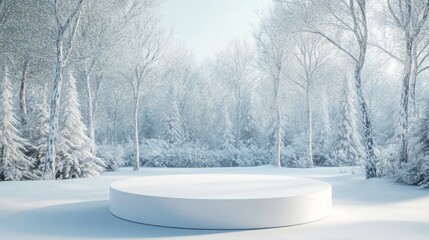 Winter forest scene with a white platform, snowy trees; product display background