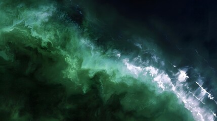 Aerial view of a vibrant green algae bloom stretching across dark ocean waters showcasing natural patterns and movement
