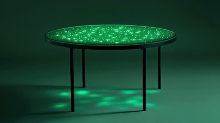 Illuminated glass coffee table, green glow, dark room, modern design, home decor