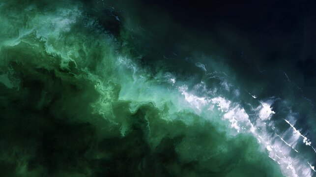 Aerial view of a vibrant green algae bloom stretching across dark ocean waters showcasing natural patterns and movement